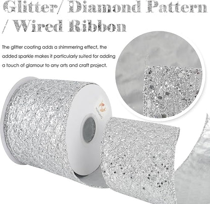 HUIHUANG Silver Christmas Ribbon 4 inch Silver Glitter Wired Ribbon Diamond Mesh Wire Ribbon for X-mas Tree Decorations, Wreaths, Garland, Large Bows Making, Home Decor -10 Yards
