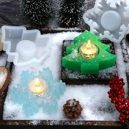 2PCS Christmas Resin Molds Christmas Tree Candle Holder Resin Molds Snowflake Silicone Resin Mold for Tea Lights Epoxy Resin Mold for Home Table Decorations Xmas Decor