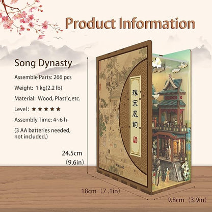 Tonecheer DIY Book Nook Kit for Adults, Wooden 3D Puzzle Bookend Bookshelf Insert Decor, Chinese Booknook Miniature House Kit with Dust Cover and Body Motion Sensor LED (Song Dynasty Culture)