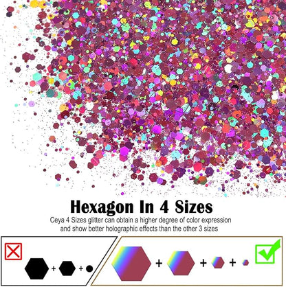 Ceya Holographic Chunky Glitter, 4.9oz/ 140g Violet Craft Glitter Powder Mixed Chunky & Fine Flakes Iridescent Nail Sequins for Nail Art, Hair, Epoxy Resin, Tumblers, Slime, Painting, Festival Decor