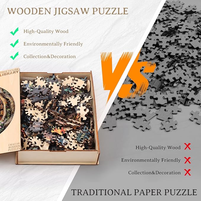 KAAYEE Wooden Puzzles for Adults, 3D Visual Effect Tree House Library Wooden Jigsaw Puzzle Unique Shape Wood Puzzle Adult, 3D Effect Flat Puzzle Birthday Family Games (S-8.5 * 8.5 in-100pcs)