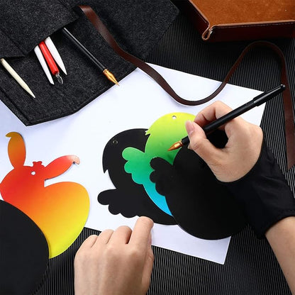 Scratch Painting Art Tool, 9 Pieces Scratching Drawing Tool Set, Including Artist Glove, Tool Bag, Scratch Coloring Pens, Plastic and Wooden Stylus, Scraper, Clean Brush