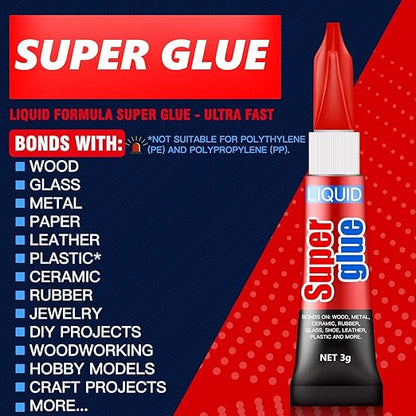 3 Gram (Pack of 6) Single Use Super Glue Liquid, Super Fast, Thin & Strong Adhesive Superglue, Cyanoacrylate Glue for Hard Plastics, DIY Craft, Ceramics, Leather, Metal Etc