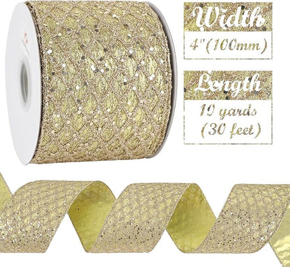 HUIHUANG Champagne Gold Christmas Ribbon 4 inch Glitter Wired Ribbon Diamond Mesh Wire Ribbon for X-mas Tree Decorations, Wreaths, Garland, Large Bows Making, Wedding Decor -10 Yards