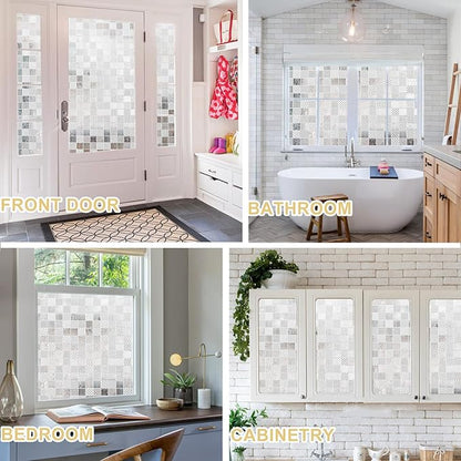 Window Privacy Film Decorative for Front Door, Bathroom Static Cling Stained Glass Sticker Opaque Heat Control UV Blocking Non-Adhesive for Home Windows,Cube