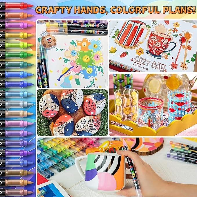 Overseas Acrylic Paint Markers 120 Colors, Brush Tip Paint Pens with Automatic Ink Control System, Quick Drying Liquid Ink Acrylic Marker for Rock, Wood, Canvas, Glass, Fabric, Metal, Plastic, Rubber