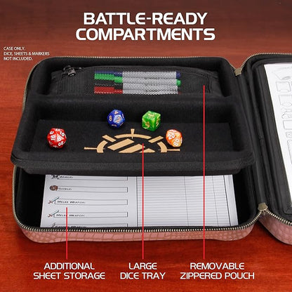 ENHANCE RPG Organizer Case - DnD Binder with Built-in Character Sheet Holder and Erasable Scribe Panel, Dice Rolling Area, Removable Pen Pouch, Miniature Foam Tray, Wrist Strap