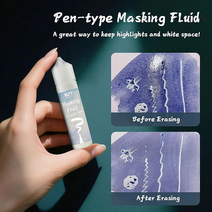 Masking Fluid for Watercolor Painting - 60ml White with a Paintbrush and Eraser - Art Masking Fluid Pen Watercolor Medium Art Supplies for Artists