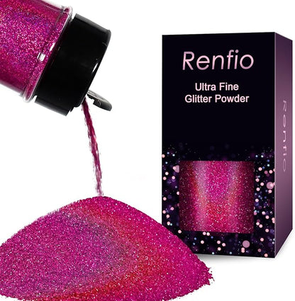 Renfio Holographic Ultra Fine Glitter Powder Metallic Resin Glitter 2.11 Oz (60g) PET Flakes Crafts Sequins 1/128" 0.008" 0.2mm Epoxy Chips Flakes for Tumblers Slime - Laser Rose Red