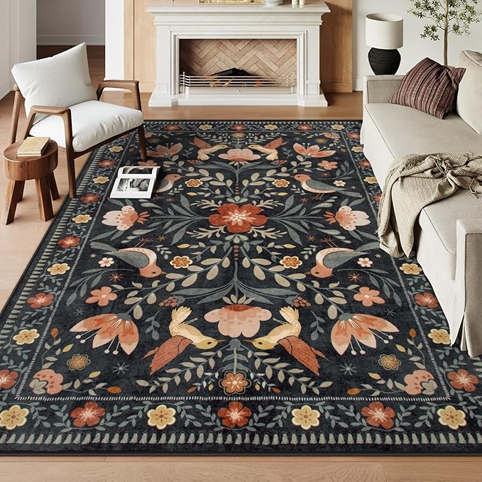 Morebes Washable 8x10 Area Rugs for Living Room Non Slip, Boho Botanical Soft Birds Bug Moody Rugs for Bedroom, Ultra-Thin Floral Flower Throw Carpet for Classroom Home Office Dorm Room, Black/Multi