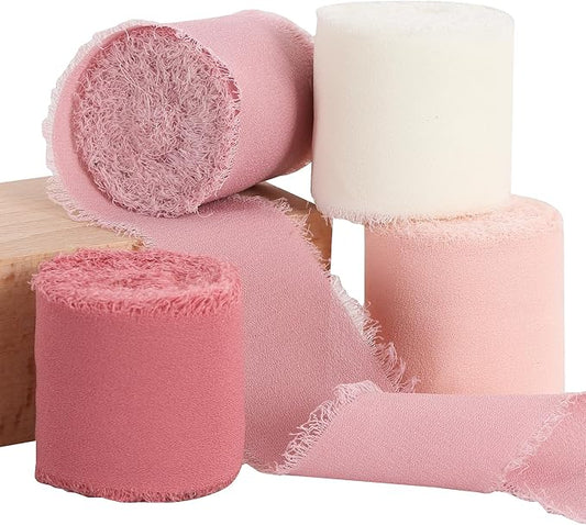 TONIFUL 4 Rolls Silk Chiffon Ribbon, 1-1/2 Inch x 22yds, Dusty Pink and Cream Chiffon Ribbons Set, Handmade Fringe Silk Ribbon for Gift Wrapping Bridal Bouquets Wedding Invitations Decoration Crafts