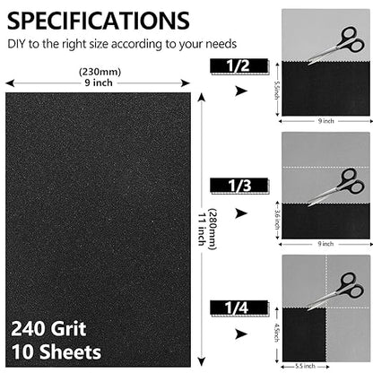 240 Grit Sandpaper, 9 x 11 Inch Wet Dry Sand Paper Hand Abrasive Sanding Sheets for Wood Metal Automotive Sanding and Polishing - 10 Sheets