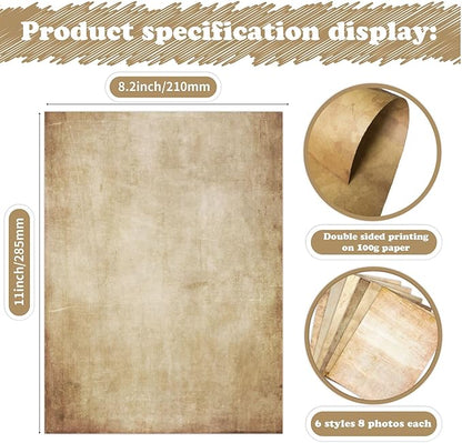 100GSM 48Sheets Vintage Antique Printing Paper, A4 8" x 11" Double-sided Old Looking Parchment Aged Paper for Letter Writing, Scrapbooking,Handmade Craft,Resume,Certificate