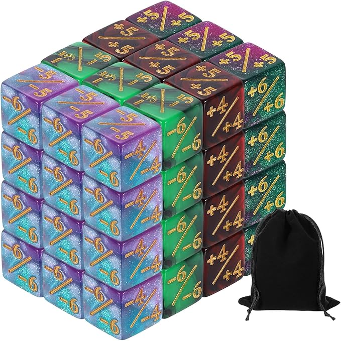 uxcell 48Pcs Magic Dice Counters, Acrylic D6 Life Token Dice Set with Pouch for Standard Cards Gaming Accessories, Red & Black, Green & Black, Green & Purple, Blue & Purple