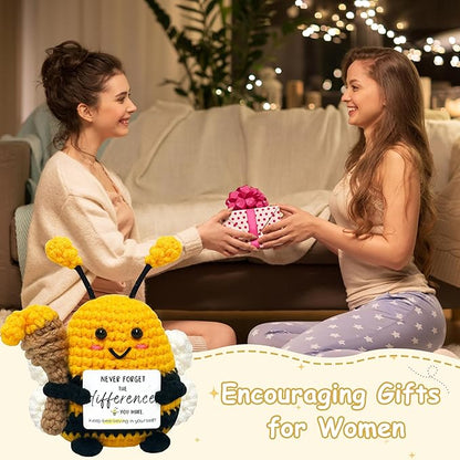 Funny Birthday Gifts for Women Men - Crochet Bee Animals with Positive Card, Appreciation Gifts for Coworker Boss Friend Sister, Inspirational Relaxation Gift Emotional Cheer Support Crochet Bee