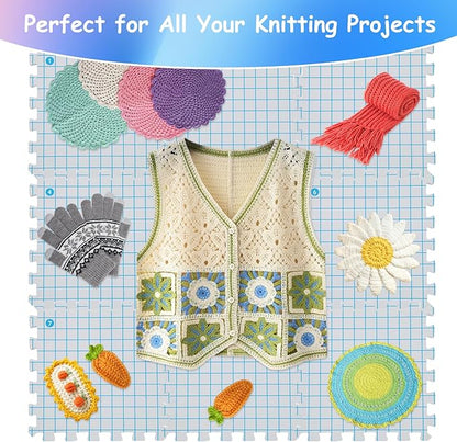 MEVOME Blocking Mats for Knitting with 20pcs Knitting Blockers 200 T-pins 104 Locking Stitch Markers, Extra Thick Block Boards with Grids Storage Bag for Needlepoint Crochet - Pack of 9 (White)