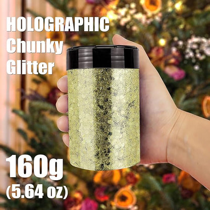 Chunky Glitter, 160G/5.64OZ Craft Glitter for Epoxy Resin, Mixed Fine Glitter & Chunky Glitter, Metallic Chunky Glitter for Hair, Nail Arts, Body, Bulk Glitter for DIY Tumbler Painting (Honey Gold)