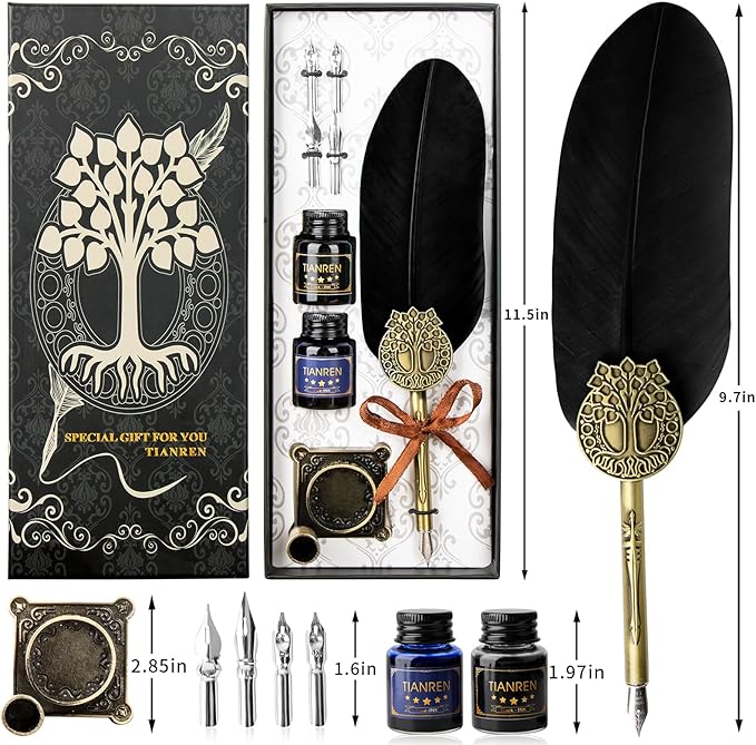 Quill pen ink set,Feather Pen and Ink Set,Antique Calligraphy Pen with 4 Replaceable Nibs,2 Bottle of ink,Feather Dip Pen Holder Christmas Gift for Men&Women.(Black)