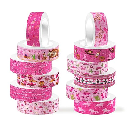 12 Rolls Western Washi Tape, Pink Wild West Masking Tapes, Western Cowboy Cowgirl Decorative Paper Stickers for Scrapbook Journal DIY Art Crafts Wrapping Birthday Party Supplies 16.4FT