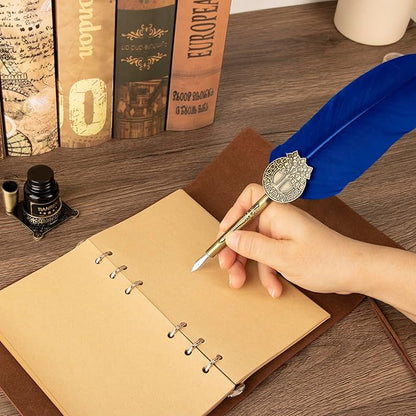 Quill pen ink set,Feather Pen and Ink Set,Antique Calligraphy Pen with 4 Replaceable Nibs,2 Bottle of ink,Feather Dip Pen Holder Christmas Gift for Men&Women.(Blue)