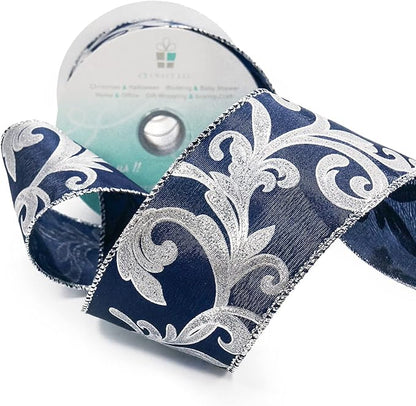 CT CRAFT LLC Royal Satin Silver Swirl Wired Ribbon 2.5 Inch x 10 Yards for Christmas Home Decor Tree Topper Bow Gift Wrapping DIY Crafts Wreath Garland