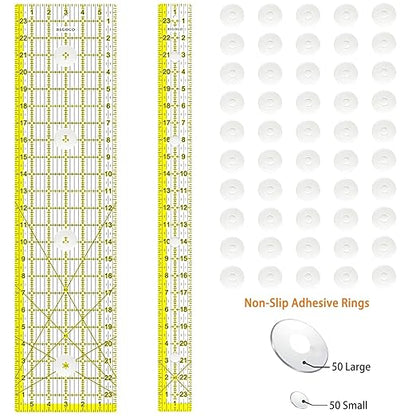Acrylic Ruler 7 Piece Set, Non Slip Rings 50 Pieces, Quilting Rulers, Size (6"x24"), (2"x24"), (3"x18"), (3"x8"), (1.5"x12"), (1"x12"), (1"x6") (Yellow-7 Piece Set)