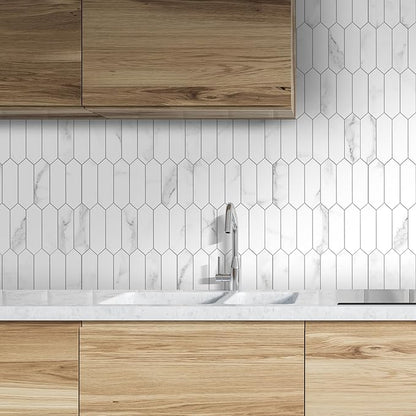 SUNWINGS Backsplash Tile for Kitchen Peel and Stick, Stone Composite Self Adhesive Tiles Faux Marble Pattern Long Hexagon Mosaic Wall Tile for Kitchen, 12 Inch x 11.22 Inch 10 Sheets White Marble