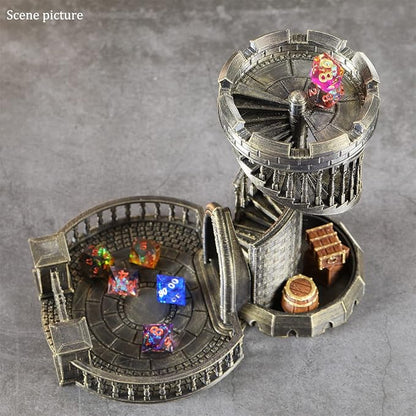 AUSPDICE DND Dice Tower Castle and Tray Retro Dice Rolling Tower for Dungeons and Dragons RPG Tabletop Games (Brushed Brass Color)