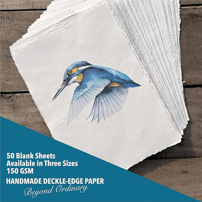 Wanderings Handmade A5 Cream Mixed Media Paper with Deckle Edge - 5.8x8.3-150 GSM - Cold Press Textured Paper Made with Recycled Cotton for Invitations, Crafts, Writers, Watercolor - 50 Sheets
