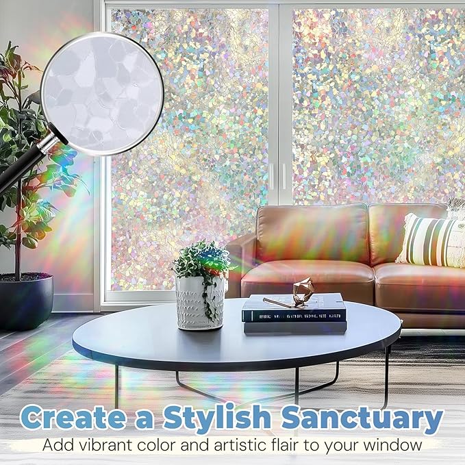 DOWELL Window Privacy Film Rainbow Film, Stained Glass Decorative Sticker, Static Cling Non-Adhesive Glass Clings, Sun Blocking Heat Control Window Coverings for Home Door, 17.5" x 157.4"