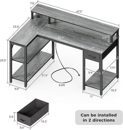 SUPERJARE 47 inch Reversible L Shaped Desk with LED Lights & Power Outlets, Computer Desk with Shelves & Monitor Stand, Gaming Desk with Drawer, Home Office Desk Corner Desk, Grey