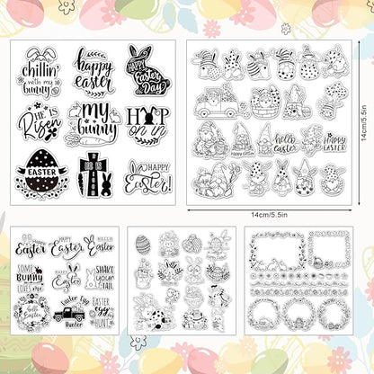 Whaline 5 Sheet Easter Clear Stamps Bunny Rabbit Egg Gnome Words Silicone Transparent Stamps Border Rubber Stamp Cards for DIY Crafts Card Making Scrapbooking Album Supplies