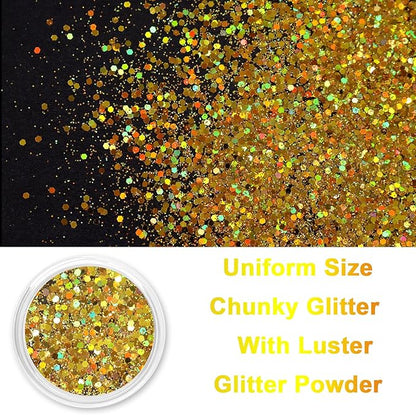 Renfio Holographic Glitter, 2.11oz/60g Medium Size Chunky Mix, Ultra Fine Gold Sequins for Crafts, Christmas, Resin, PET Flakes for Nail Art, Tumblers, Slime - Laser Gold