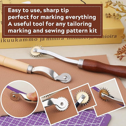 JNENERY 4PCS Tracing Wheel Sewing Tool,Professional Stitch Marking Spacer,Wood and Stainless Steel Pounce Wheel,Pounce Wheel for Sewing Patterns with Wooden Handle forTracing Paper and Leather Crafts