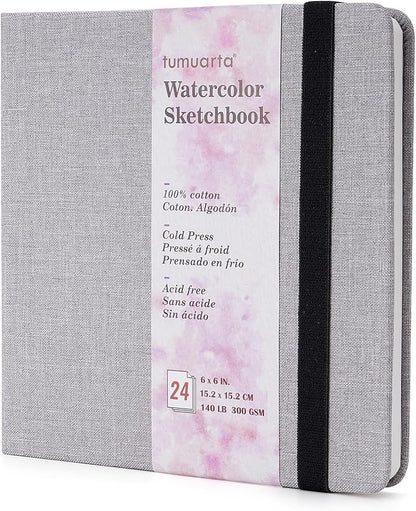 tumuarta Square Watercolor Sketchbook, 6x6, 140 LB, 300GSM, 100% Cotton Paper, Cold Press, 24 Sheets,48 Pages, Watercolor Journal for Use As Plein Air Sketch Book and Mixed Media Pad On The Go.