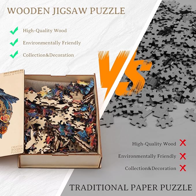 KAAYEE Wooden Puzzles for Adults, 3D Visual Effect Raven & Mechanical Skull Wooden Jigsaw Puzzle Unique Shape Wood Puzzle Adult, 3D Effect Flat Puzzle Birthday Family Games (S-8.5 * 7.5in-95pcs)