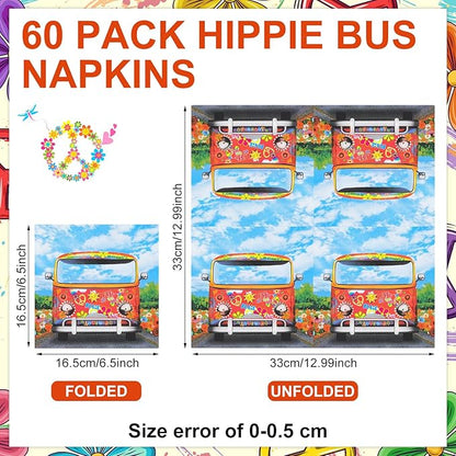 60 Pcs 60's 70's Hippie Party Cocktail Paper Napkins 6.5 x 6.5 Inches Disposable Paper Napkins Dessert Beverage Napkin for Decoupage Luncheon Napkin for Theme Party Wedding Birthday