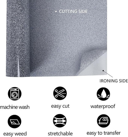 FUNKAKA Glitter Silver HTV Heat Transfer Vinyl Rolls, 12" x 25ft PU Iron on Vinyl for T-Shirt Silver Glitter HTV Vinyl for All Cutter Machines Easy to Cut & Weed for Heat Vinyl Design