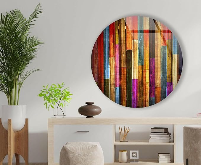 My Photostation.com 24''(60cm) Diameter Colorful Wood Pattern Round Glass Wall Art Tempered Glass Printing Wall Decor Large Wall Art Wall Hangings