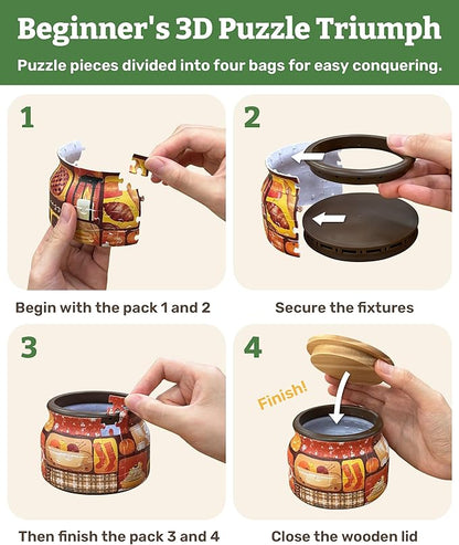 PieceRelax 3D Puzzle Jar 64 Plastic Pieces for Adults - Live Cozy - Wooden Lid Container for Kitchen Dining Study Living Room No Glue Requied Small [BC1021]