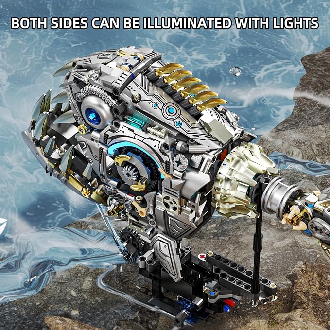 Mechanical Piranha Building Sets, Ocean Animal Collection Toy, Multi-Jointed Movement with Ice Blue Accents, Adults Home or Office Decor, STEM Building Gift for Teens Boys and Girls 12+（1085 PCS)