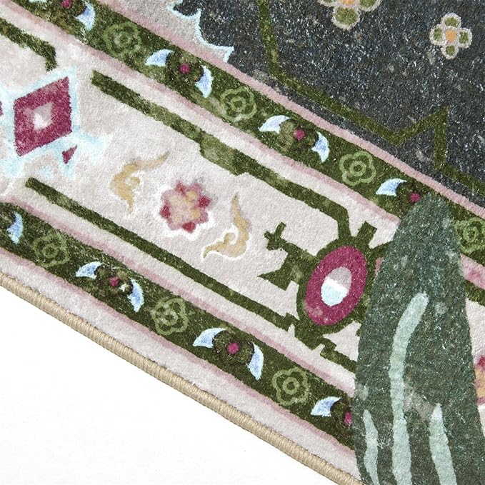 Oriental Tropical Entryway Rugs Washable, Greyish Green Boho Vintage Distressed Hippie 2x3 Throw Rugs for Bathroom Kitchen Entryway Indoor Non-Slip Abstract Botanical Tribal Accent Carpet