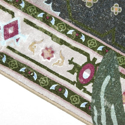 Oriental Tropical Entryway Rugs Washable, Greyish Green Boho Vintage Distressed Hippie 2x3 Throw Rugs for Bathroom Kitchen Entryway Indoor Non-Slip Abstract Botanical Tribal Accent Carpet