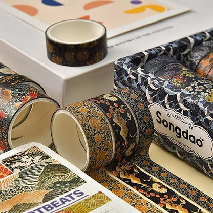 12 Rolls Kyoto Charm Washi Tape Set Japanese Arts Adhesive Tapes Geometric Garden Decorative Masking Tape Sets for Craft, Kids, Scrapbook, DIY, Gift Wrapping (Black Elegance)