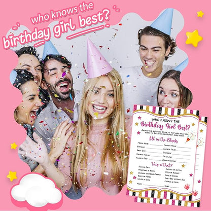 20 Pieces Who Knows The Birthday Girl Best Game Cards - Birthday Party Activity Game Card Set Girly Themed Party Activity and Idea - for Child or Teen - Girl Birthday Supplies, Activity, Decorations