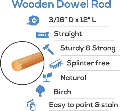 Dowel Rods Wood Sticks Wooden Dowel Rods 3/16 x 12 Inch Unfinished Hardwood Sticks for Crafts and DIYers 250 Pieces by Woodpeckers