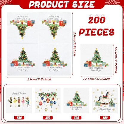 Janlaugh 200 Pcs Christmas Paper Cocktail Napkins Disposable 2 Ply Xmas Style Decoupage Beverage Napkins for Xmas Holiday Winter Dinner Table Decor (Lovely Style)