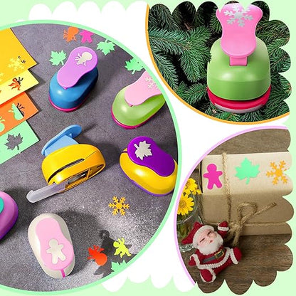 CHENGU 16 Pcs Craft Holes Punch Paper Punchers Scrapbook Punches with Craft Sticker Paper, Round, Star, Square, Heart, Flower, Wave Circle Shape (1 Inch,Christmas)