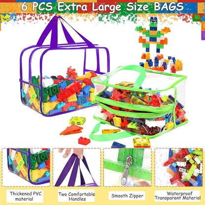 6 Colors Widen X-Large Storage Bags 12.6×9.25×6.9In with Labels, Reusable Clear PVC Board Game Storage, Travel Waterproof Organizer Bags with Zipper for Building Blocks, Puzzle, Stuffed Animals
