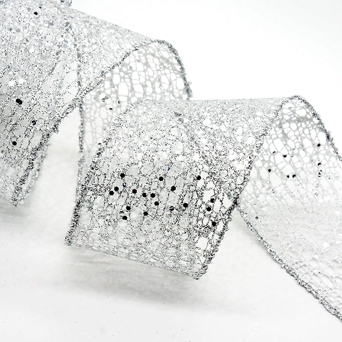 CT CRAFT LLC Sparkling Glitter Mesh Wired Ribbon 2.5" x 10 Yards Silver for Christmas Home Decor Bow Gift Wrapping DIY Crafts Wreath